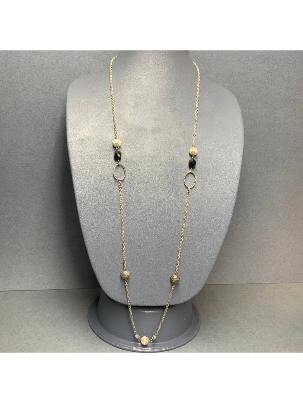 Rachel Long Chain Necklace 42 In Silver Geometric Black Bead Textured Round Oval
